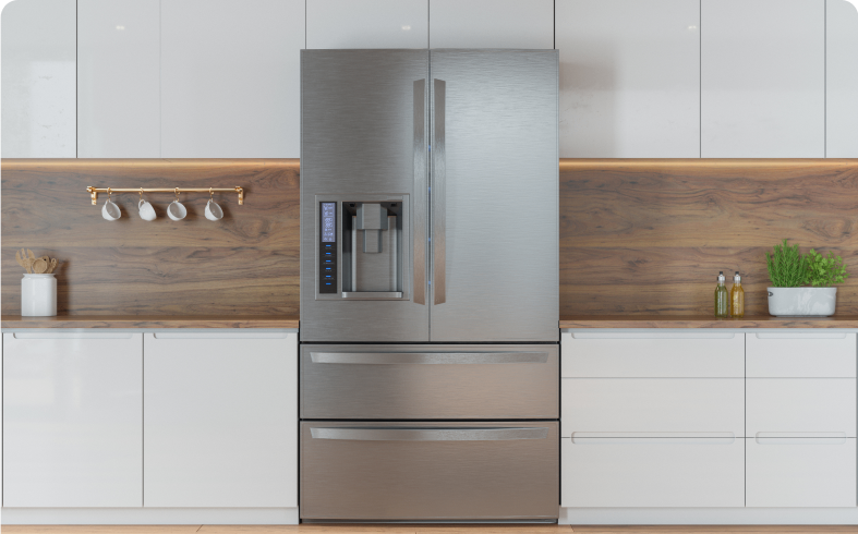 Modern kitchen with stainless steel refrigerator.